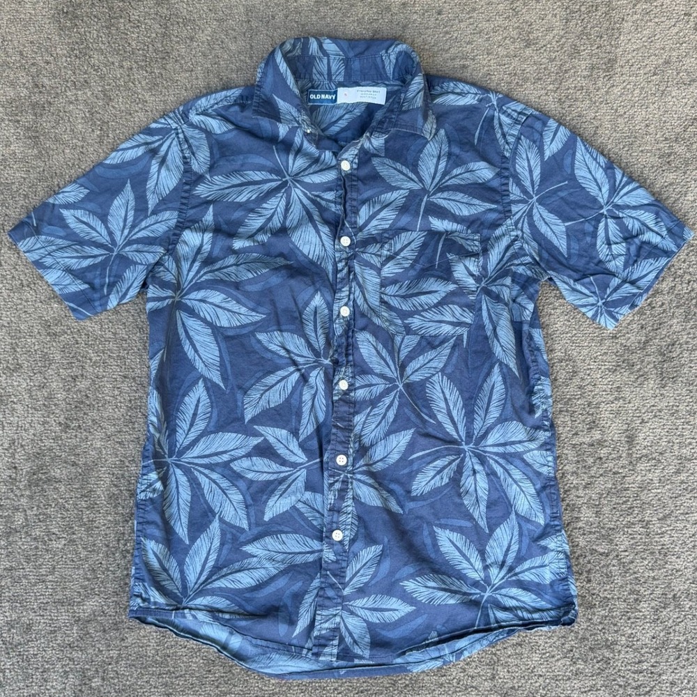 Old Navy Mens Small Blue Tropical Leaf Everyday Shirt Regular Fit Built-In‎ Flex
